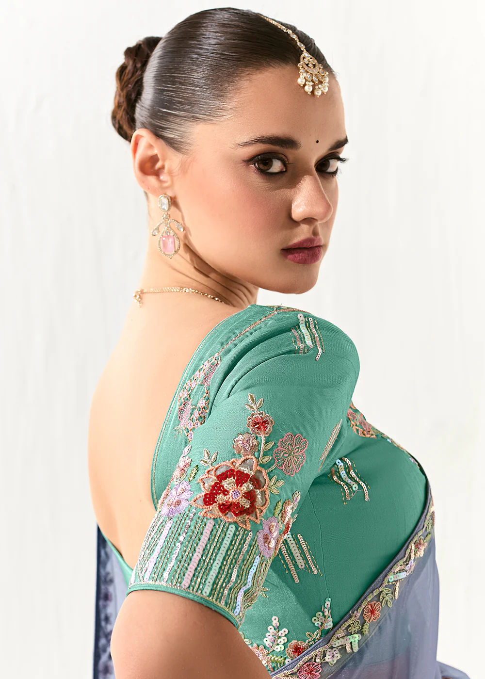 Fabulous Periwinkle Organza Tissue Embroidered Designer Saree - Image 4