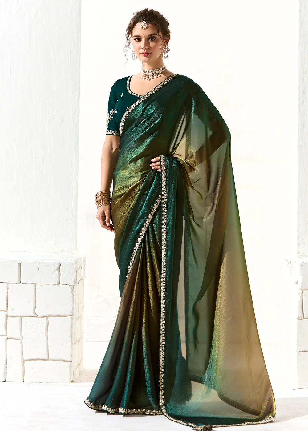 Fabulous Pine & Mehndi Organza Tissue Embroidered Designer Saree