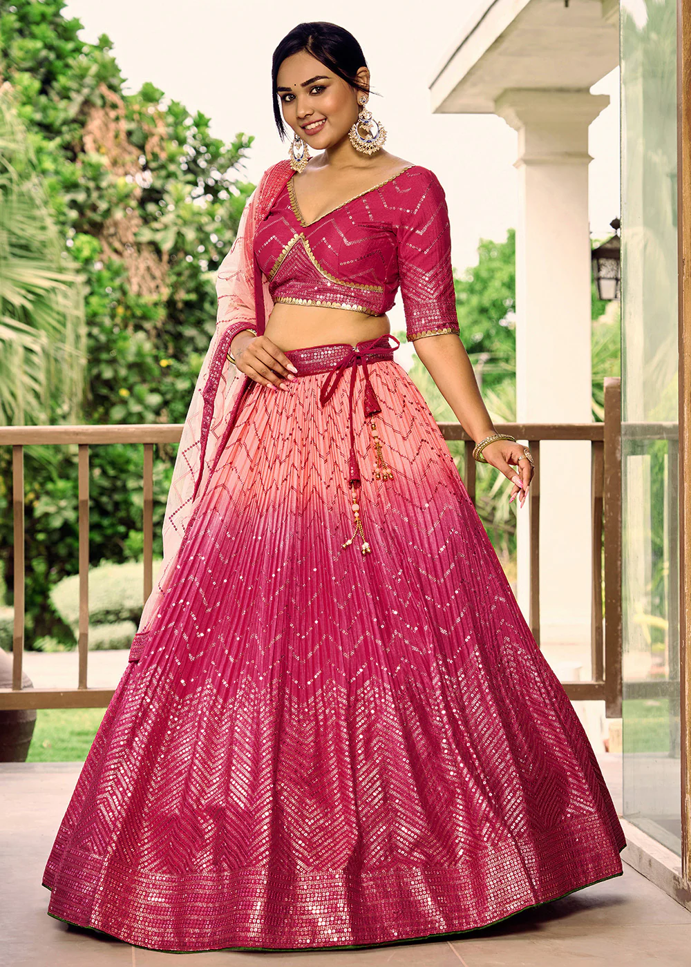 Fabulous Pink Chinnon Embroidered Wedding Lehenga Choli