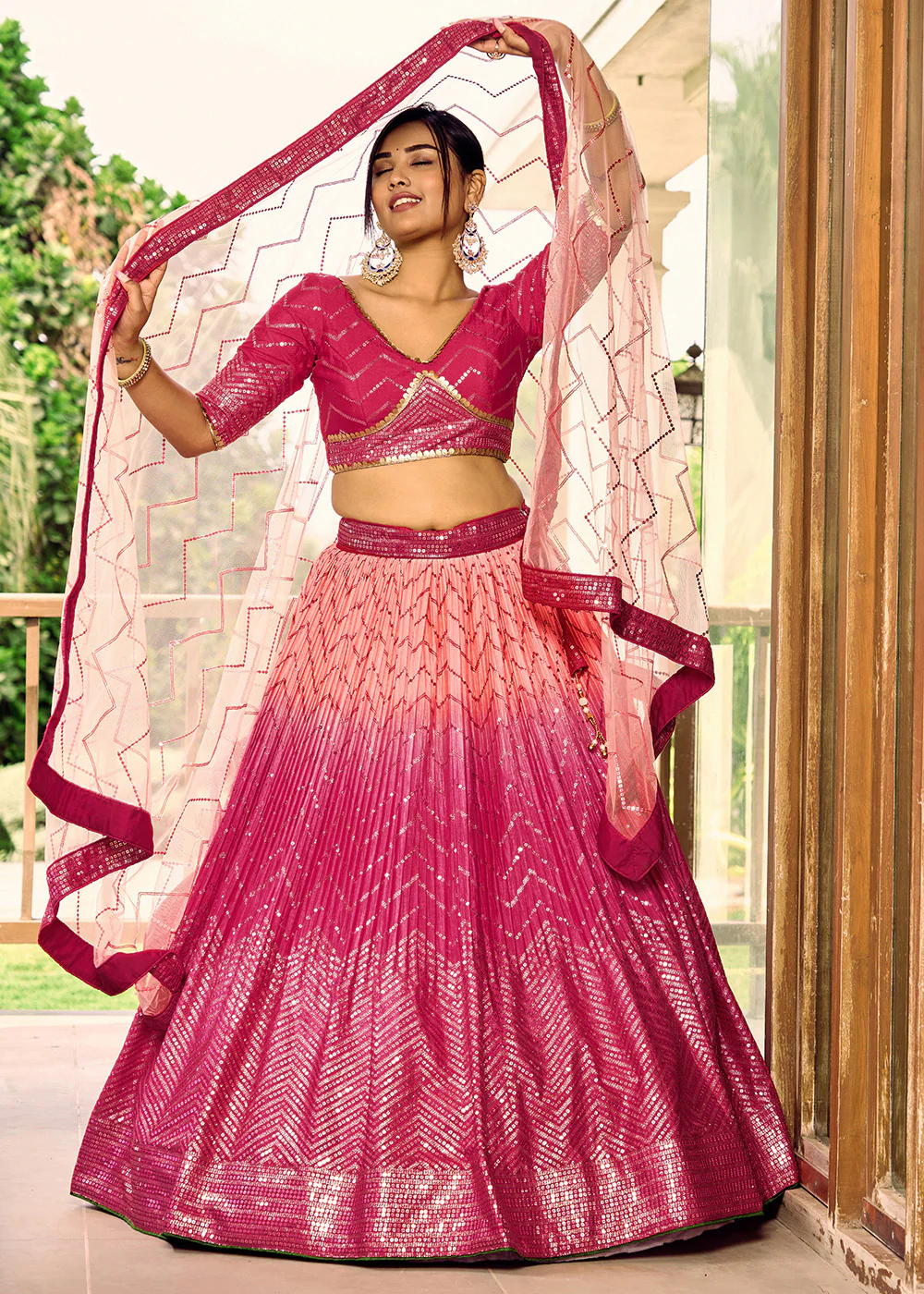 Fabulous Pink Chinnon Embroidered Wedding Lehenga Choli - Image 6