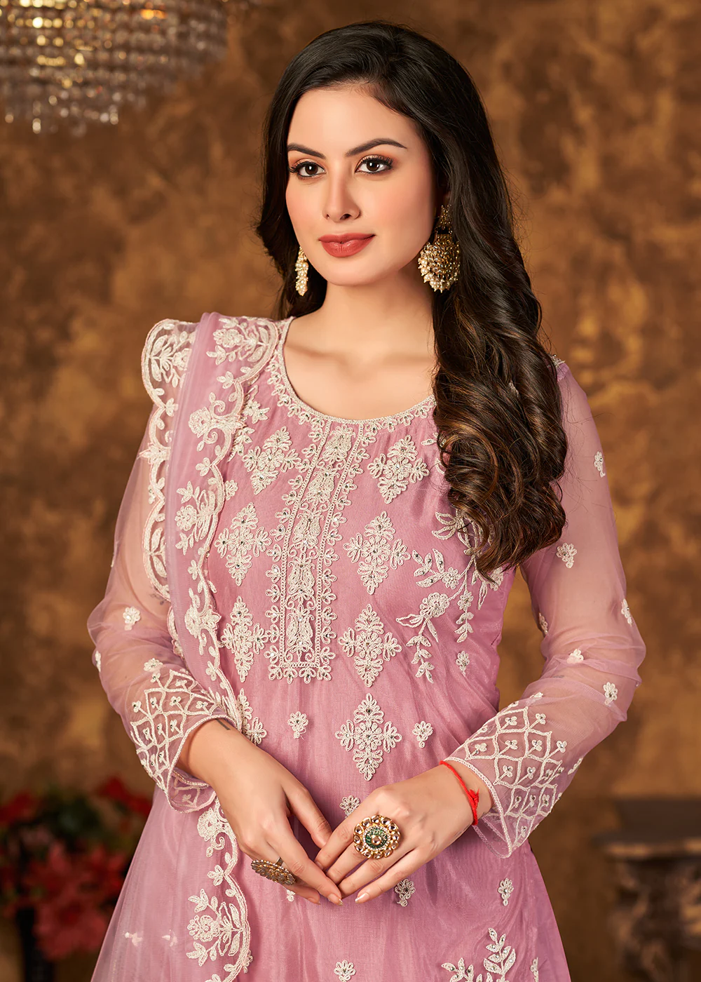 Fabulous Pink Cording Embroidered Net Palazzo Suit - Image 2