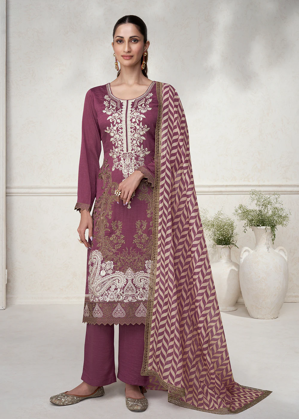 Fabulous Pink Floral Embroidered Silk Wedding Salwar Suit - Image 3