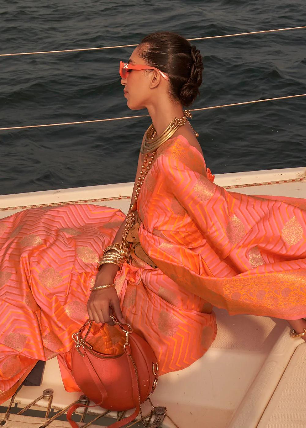 Fabulous Pink-Orange Pure Satin Silk Two Tone Weaving Saree - Image 2