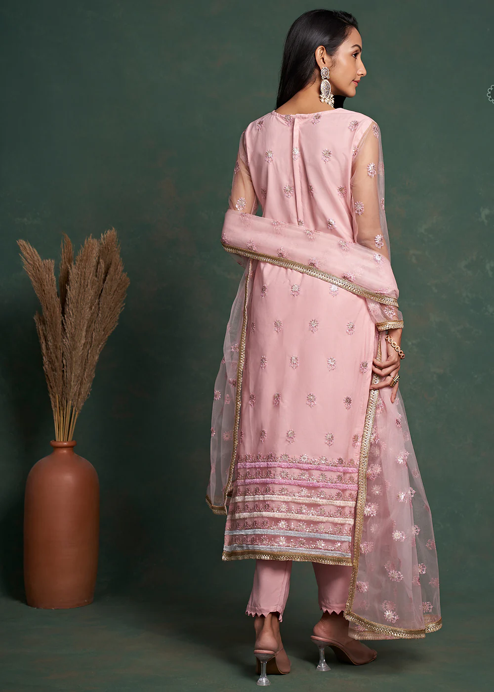 Fabulous Pink Zari & Sequins Work Net Wedding Wear Salwar Suit - Image 3