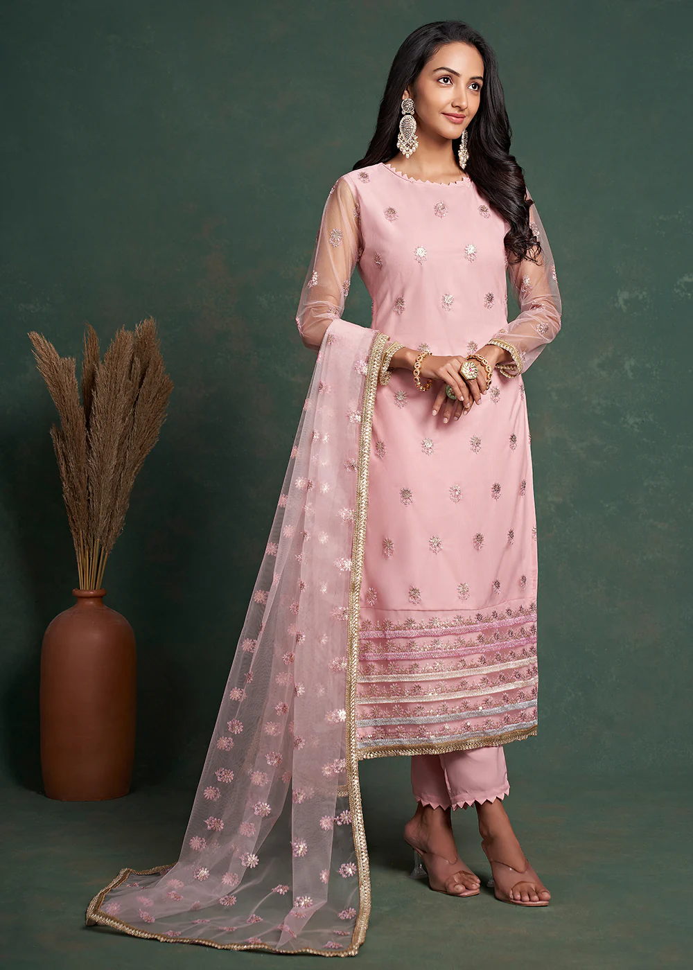 Fabulous Pink Zari & Sequins Work Net Wedding Wear Salwar Suit - Image 4