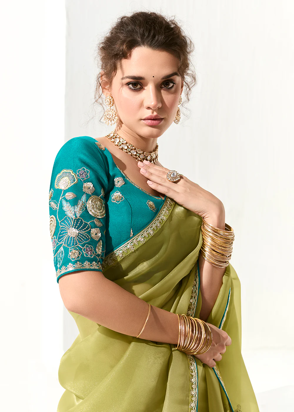 Fabulous Pista Organza Tissue Embroidered Designer Saree - Image 2