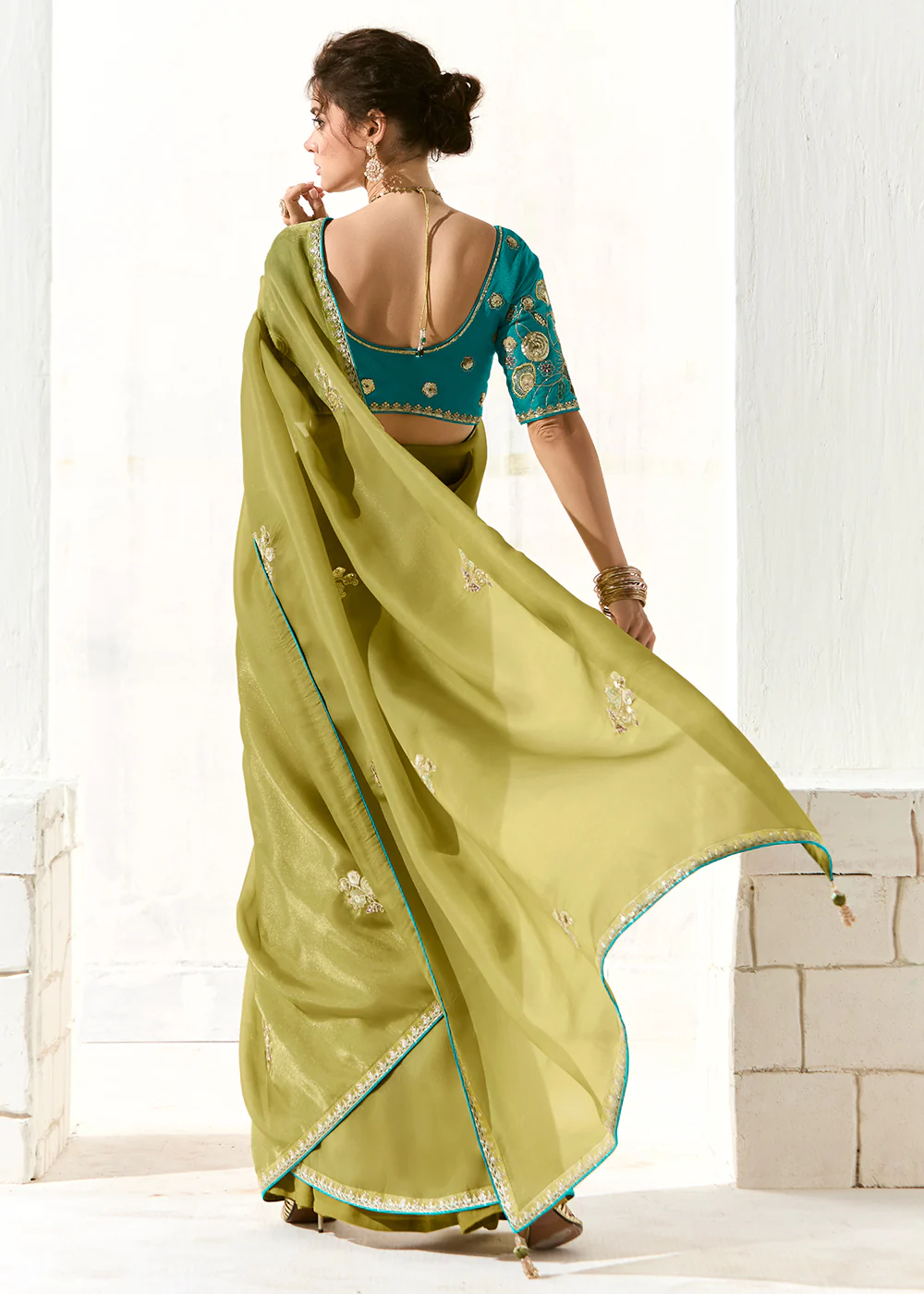 Fabulous Pista Organza Tissue Embroidered Designer Saree - Image 3