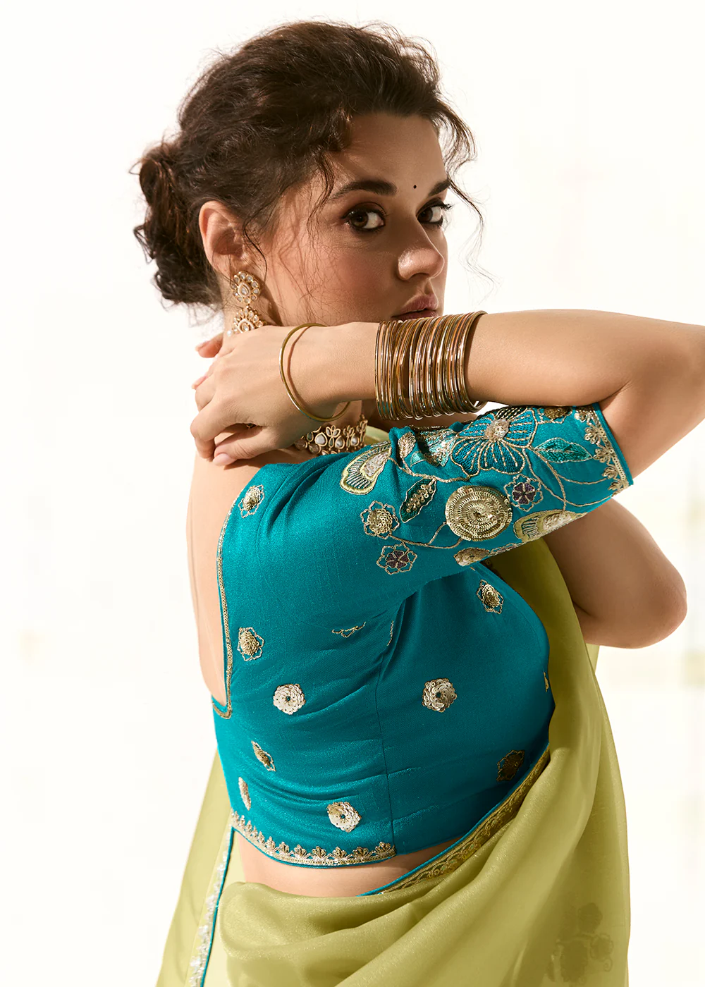 Fabulous Pista Organza Tissue Embroidered Designer Saree - Image 5
