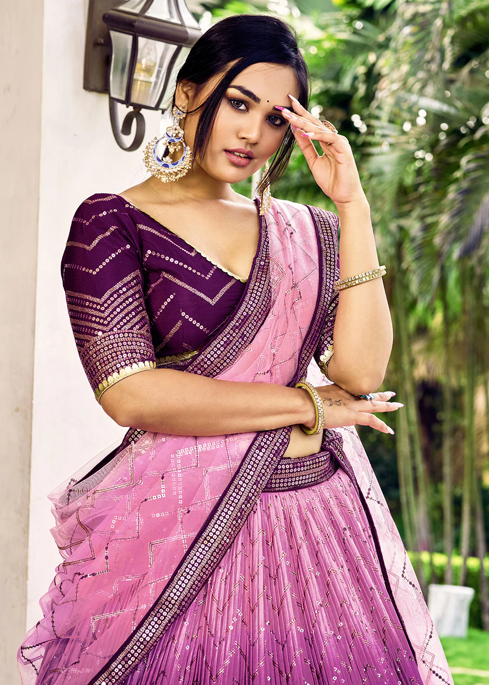 Fabulous Purple Chinnon Embroidered Wedding Lehenga Choli - Image 4