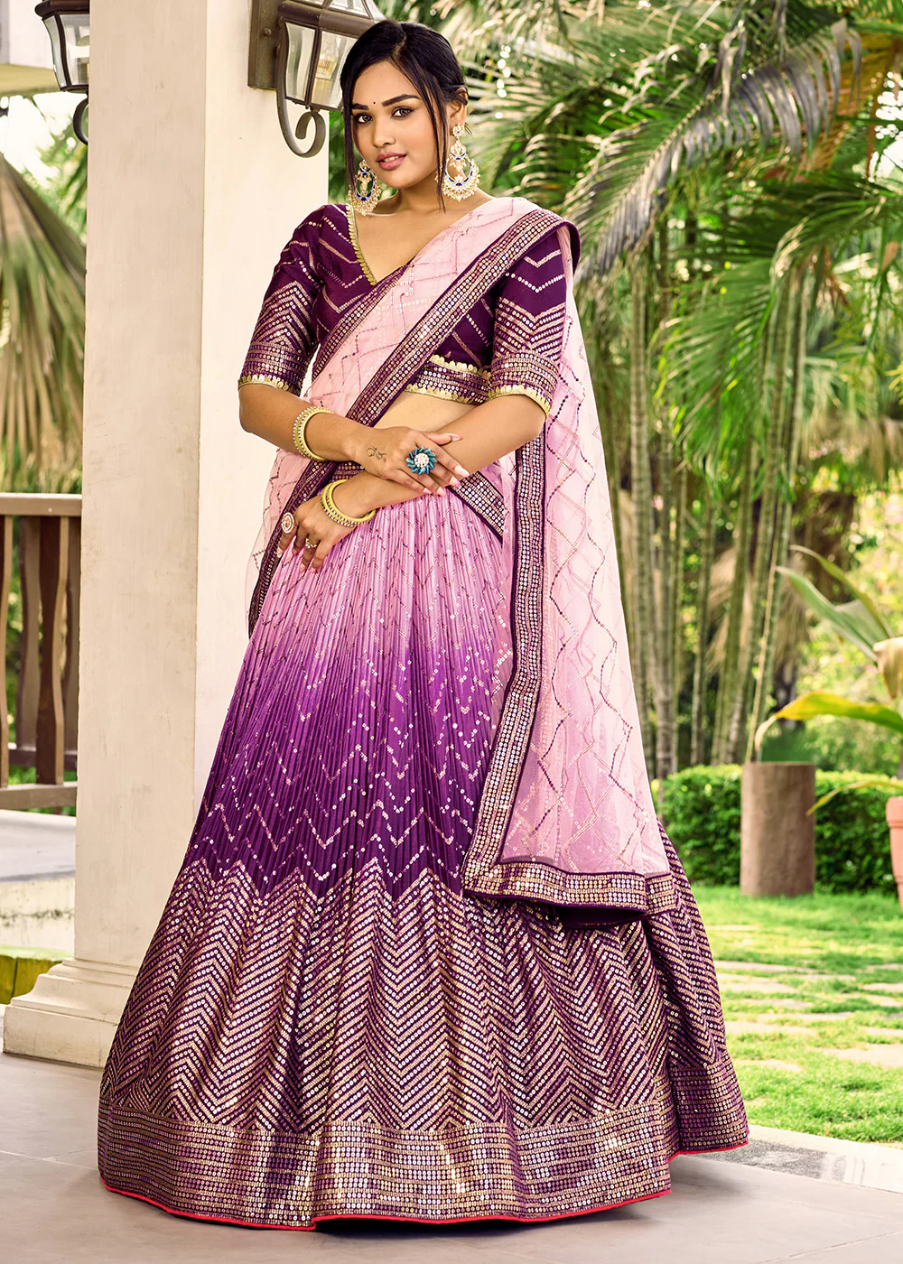 Fabulous Purple Chinnon Embroidered Wedding Lehenga Choli - Image 5