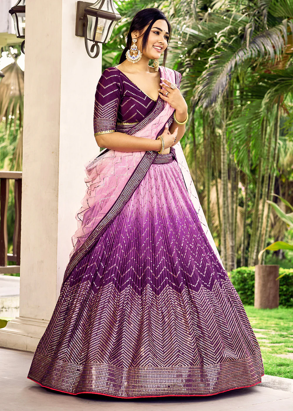 Fabulous Purple Chinnon Embroidered Wedding Lehenga Choli - Image 7