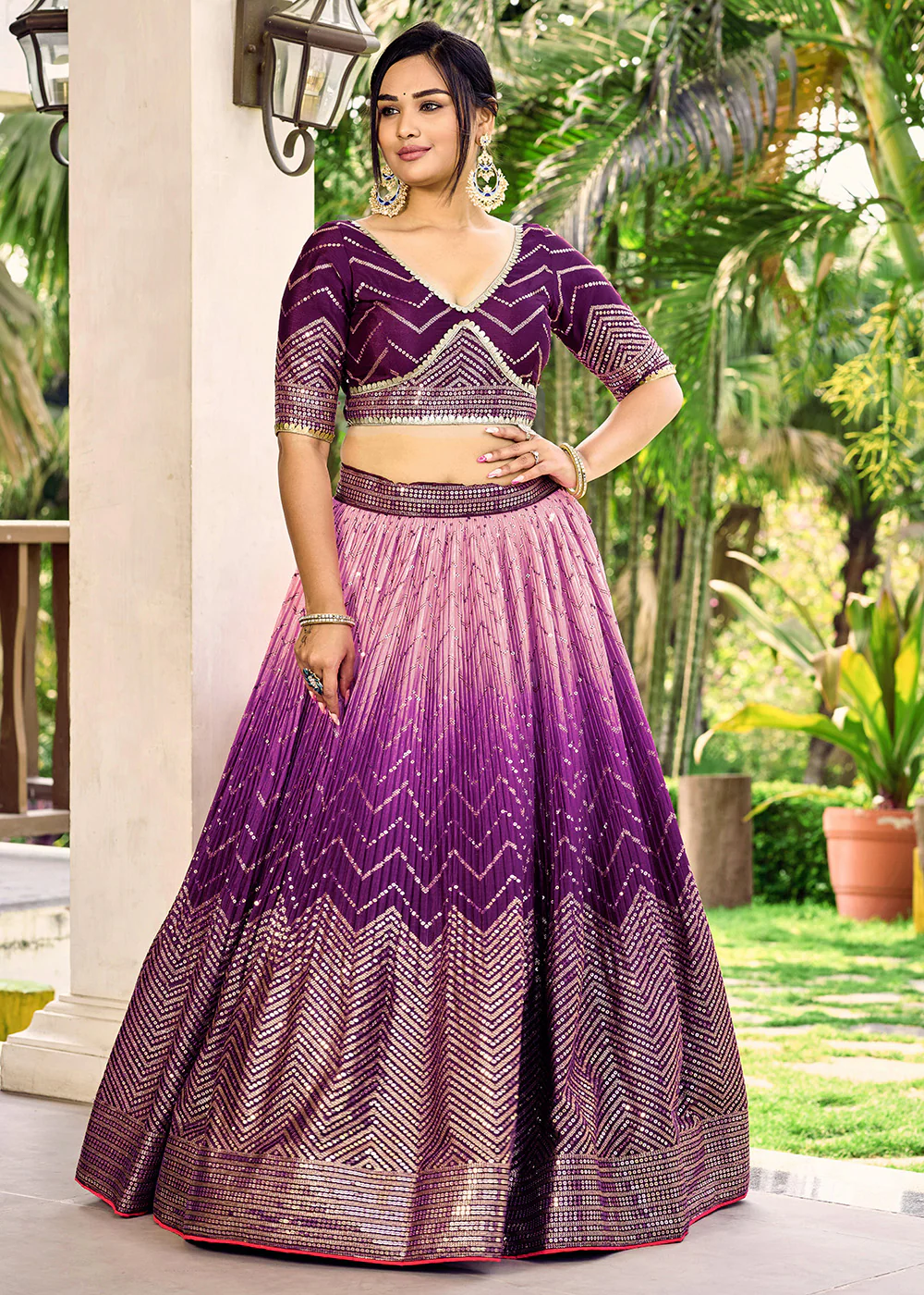 Fabulous Purple Chinnon Embroidered Wedding Lehenga Choli - Image 8