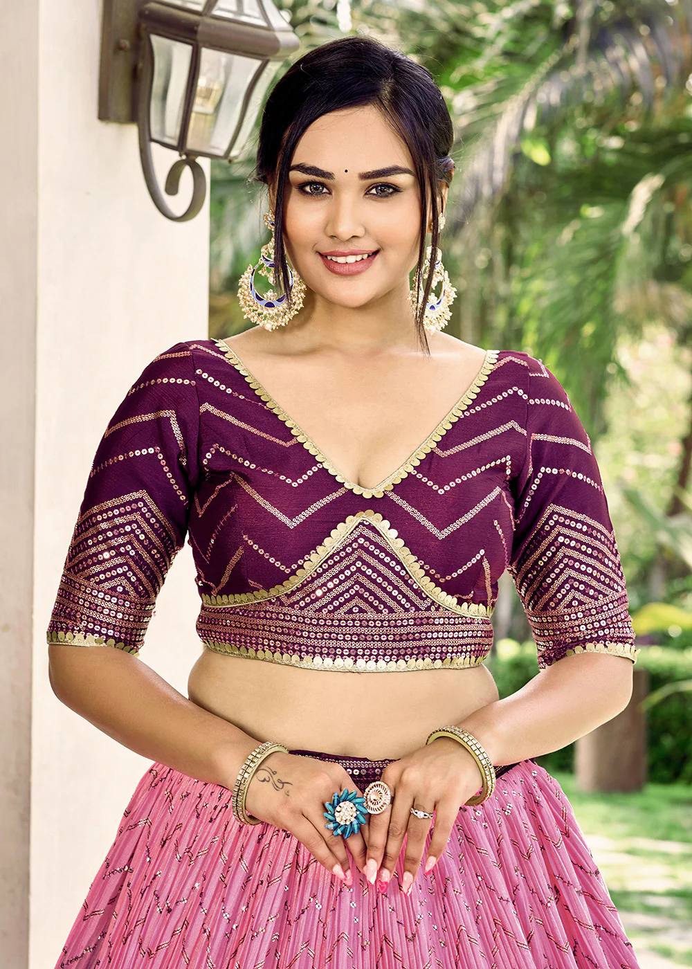 Fabulous Purple Chinnon Embroidered Wedding Lehenga Choli - Image 9