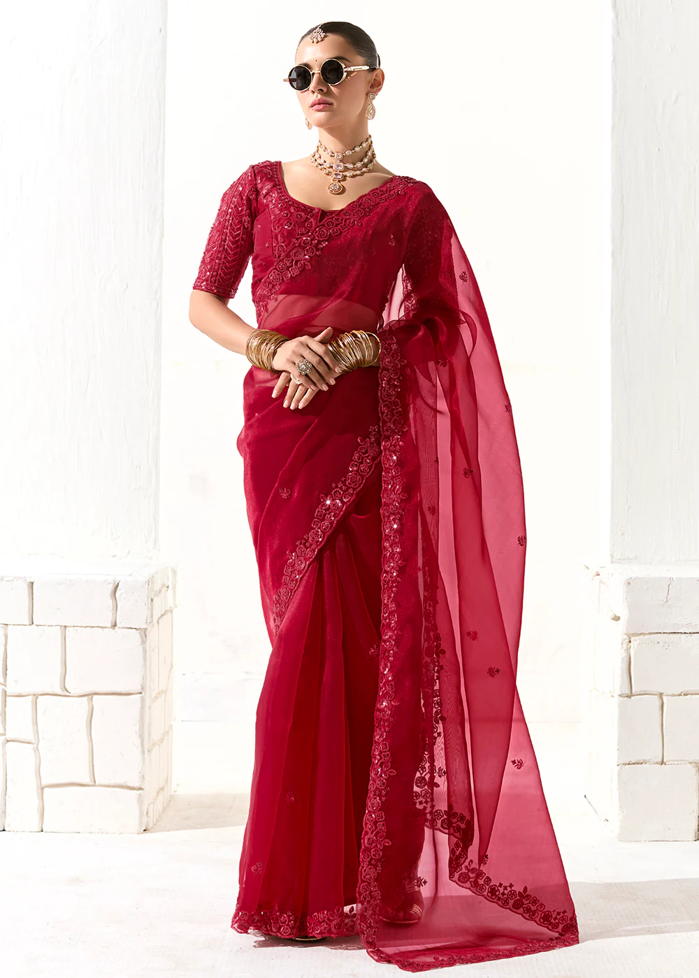 Fabulous Red Organza Tissue Embroidered Designer Saree
