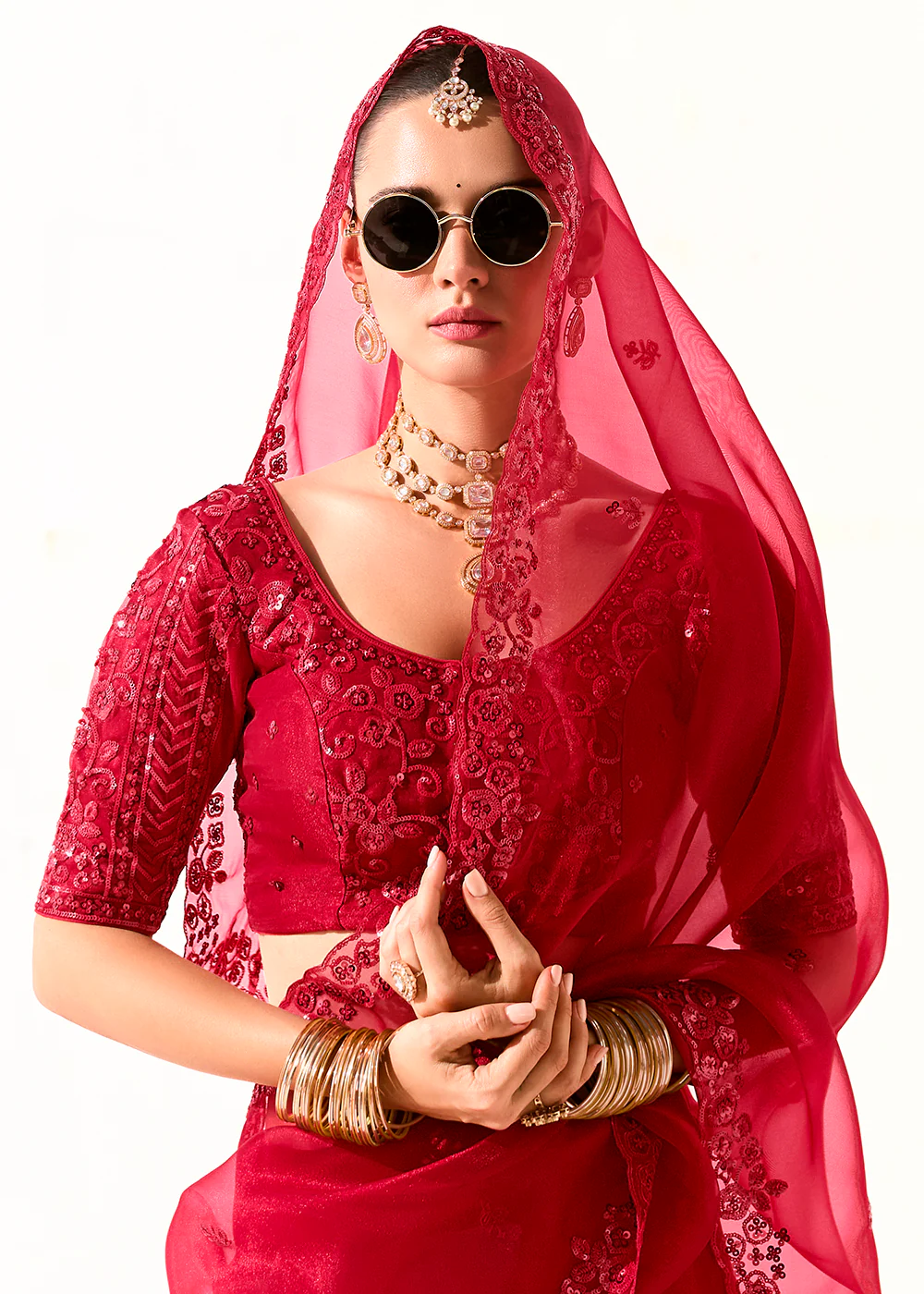 Fabulous Red Organza Tissue Embroidered Designer Saree - Image 4