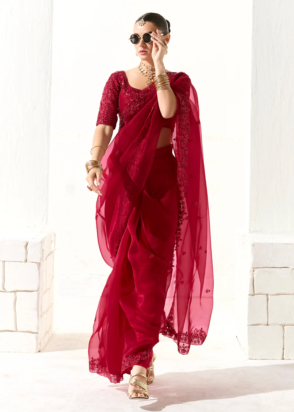 Fabulous Red Organza Tissue Embroidered Designer Saree - Image 6