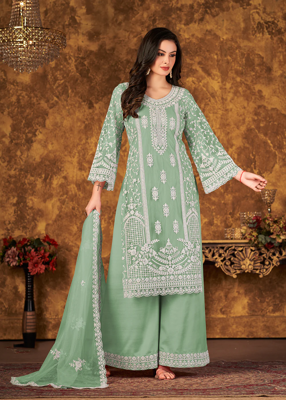 Fabulous Sea Green Cording Embroidered Net Palazzo Suit - Image 3