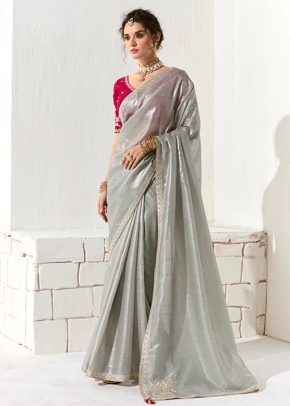 Fabulous Silver Organza Tissue Embroidered Designer Saree