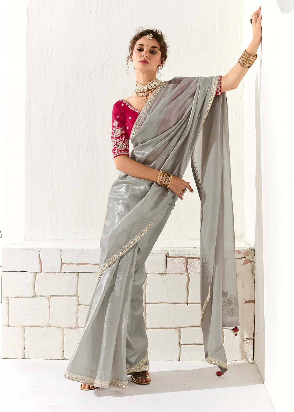 Fabulous Silver Organza Tissue Embroidered Designer Saree - Image 4
