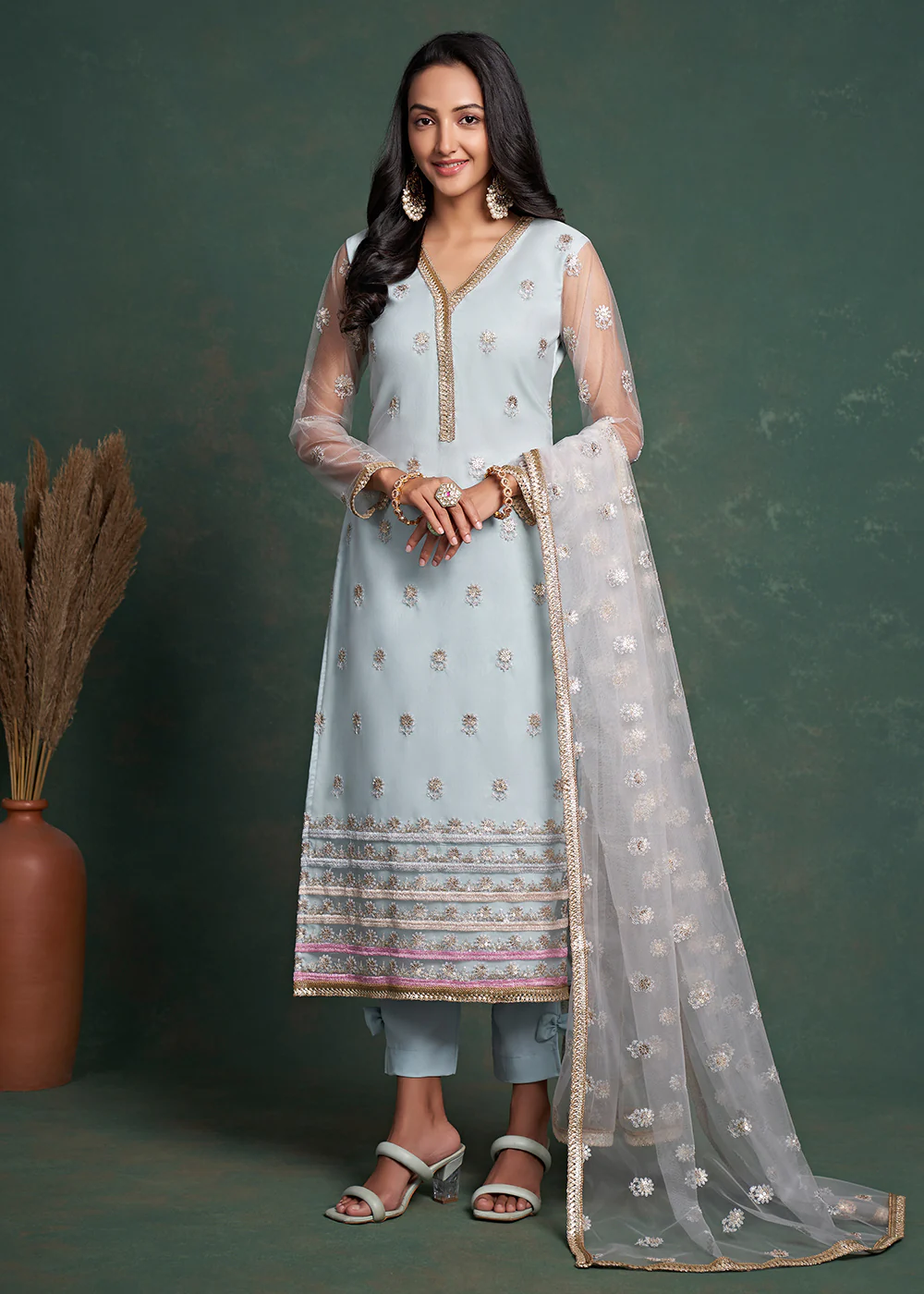 Fabulous Sky Blue Zari & Sequins Work Net Wedding Wear Salwar Suit