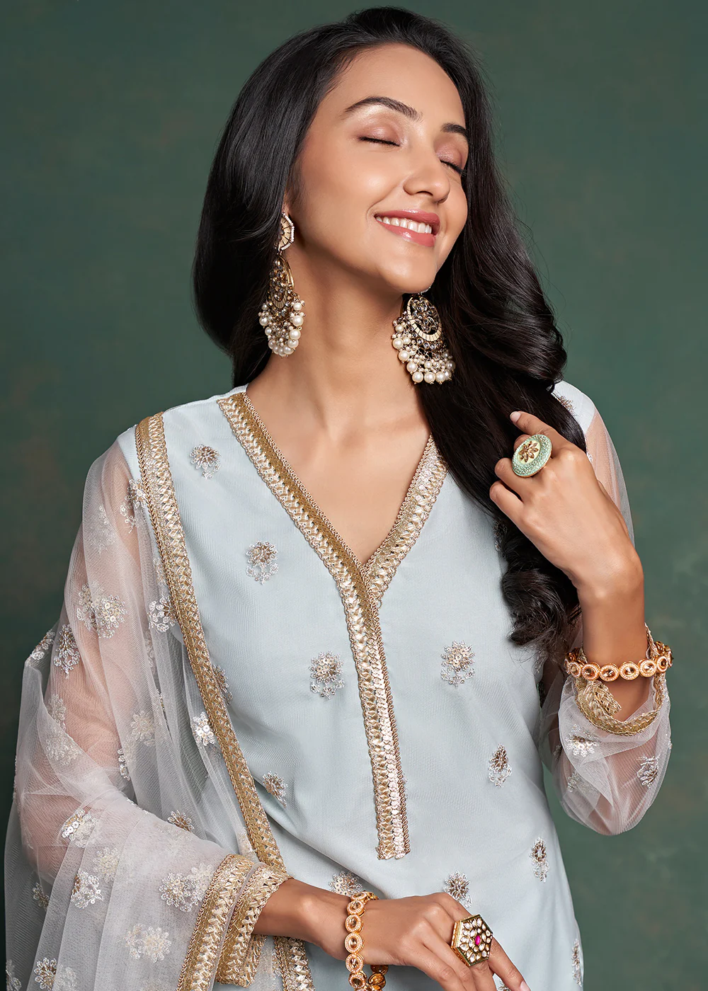 Fabulous Sky Blue Zari & Sequins Work Net Wedding Wear Salwar Suit - Image 2