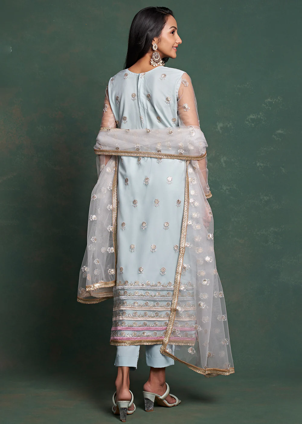 Fabulous Sky Blue Zari & Sequins Work Net Wedding Wear Salwar Suit - Image 3