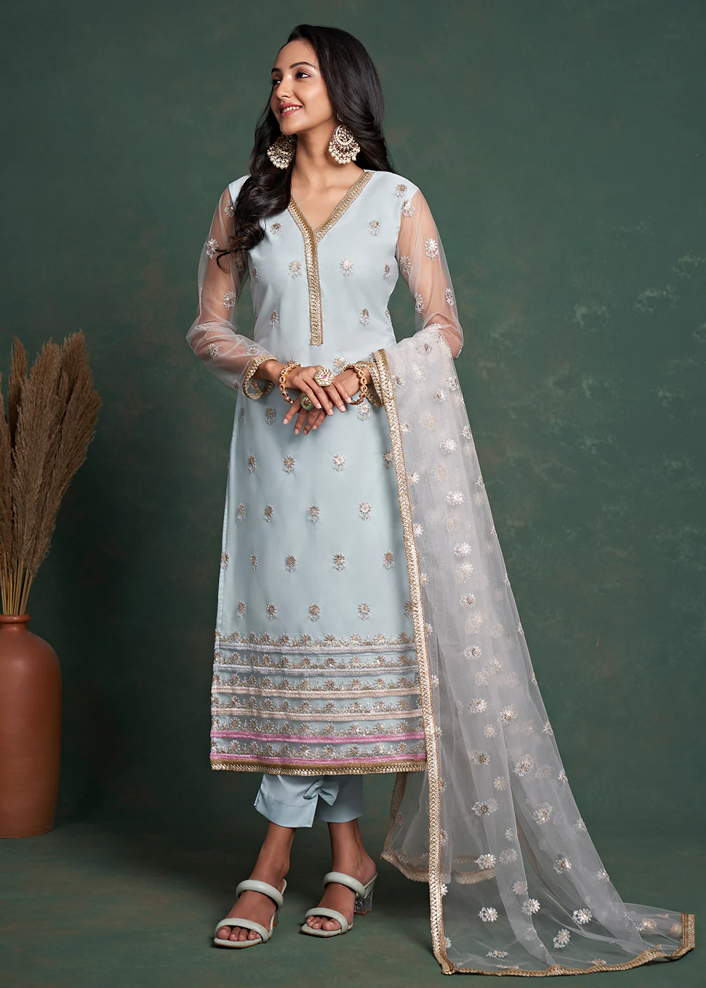 Fabulous Sky Blue Zari & Sequins Work Net Wedding Wear Salwar Suit - Image 4