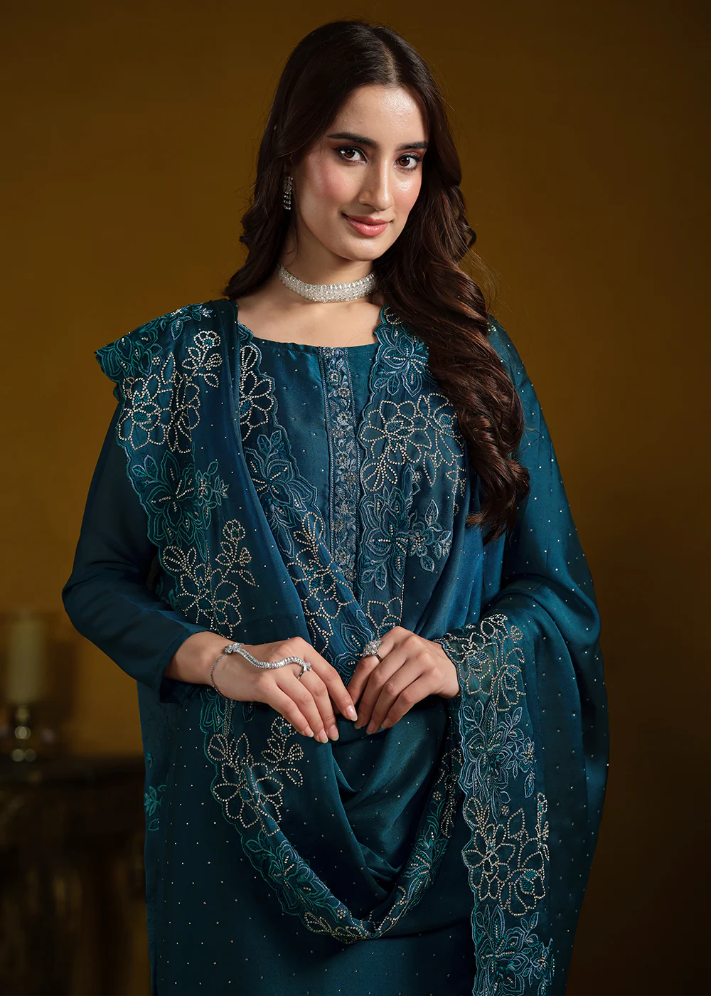 Fabulous Teal Blue Georgette Festive Pant Salwar Suit - Image 2
