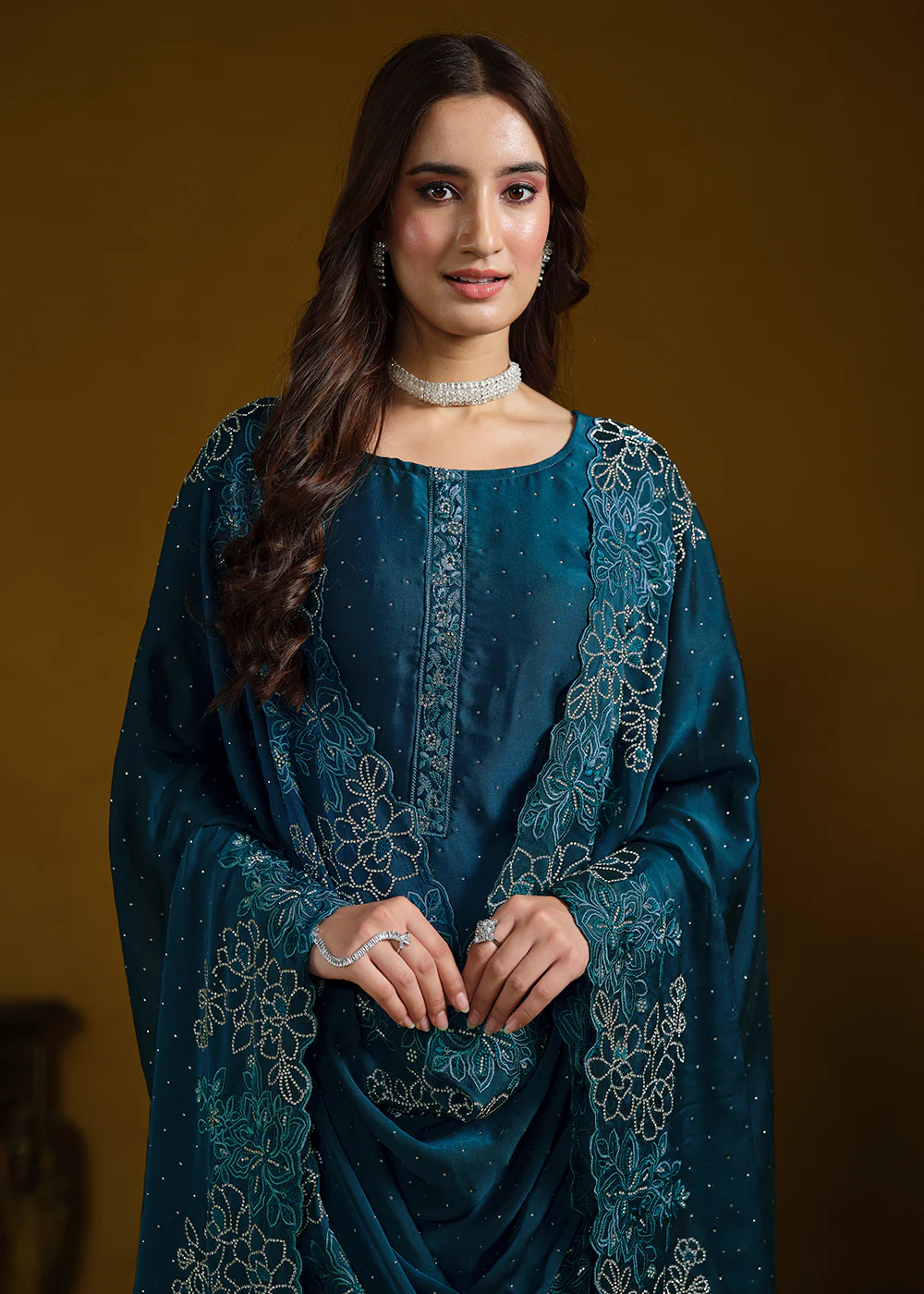 Fabulous Teal Blue Georgette Festive Pant Salwar Suit - Image 4