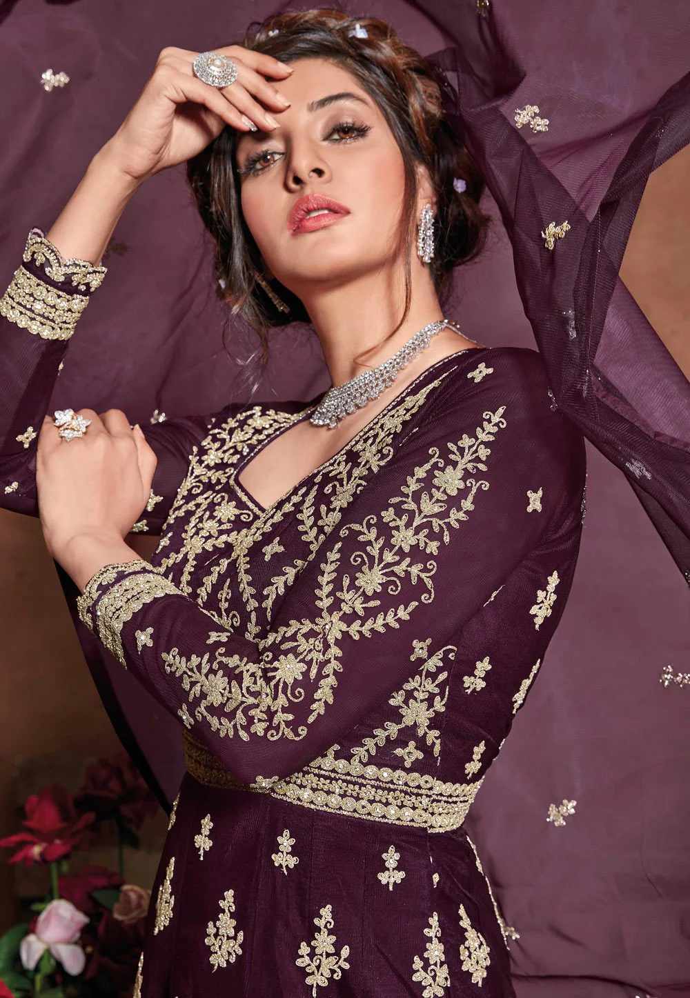 Fabulous Wine Net Embroidered Floor Length Anarkali Suit - Image 2