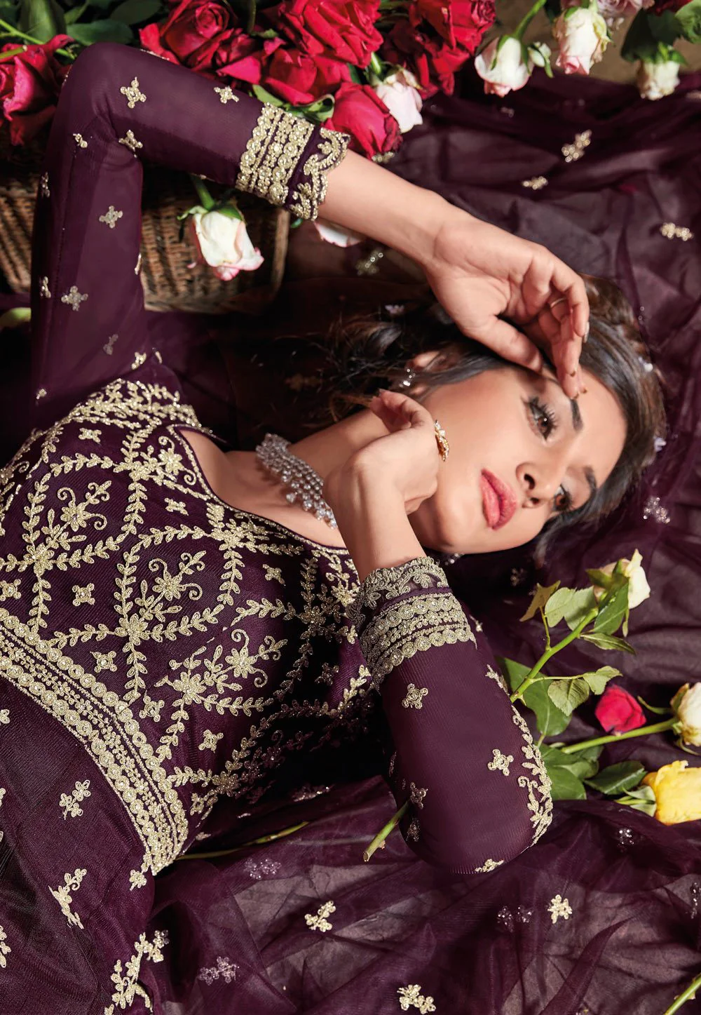 Fabulous Wine Net Embroidered Floor Length Anarkali Suit - Image 4