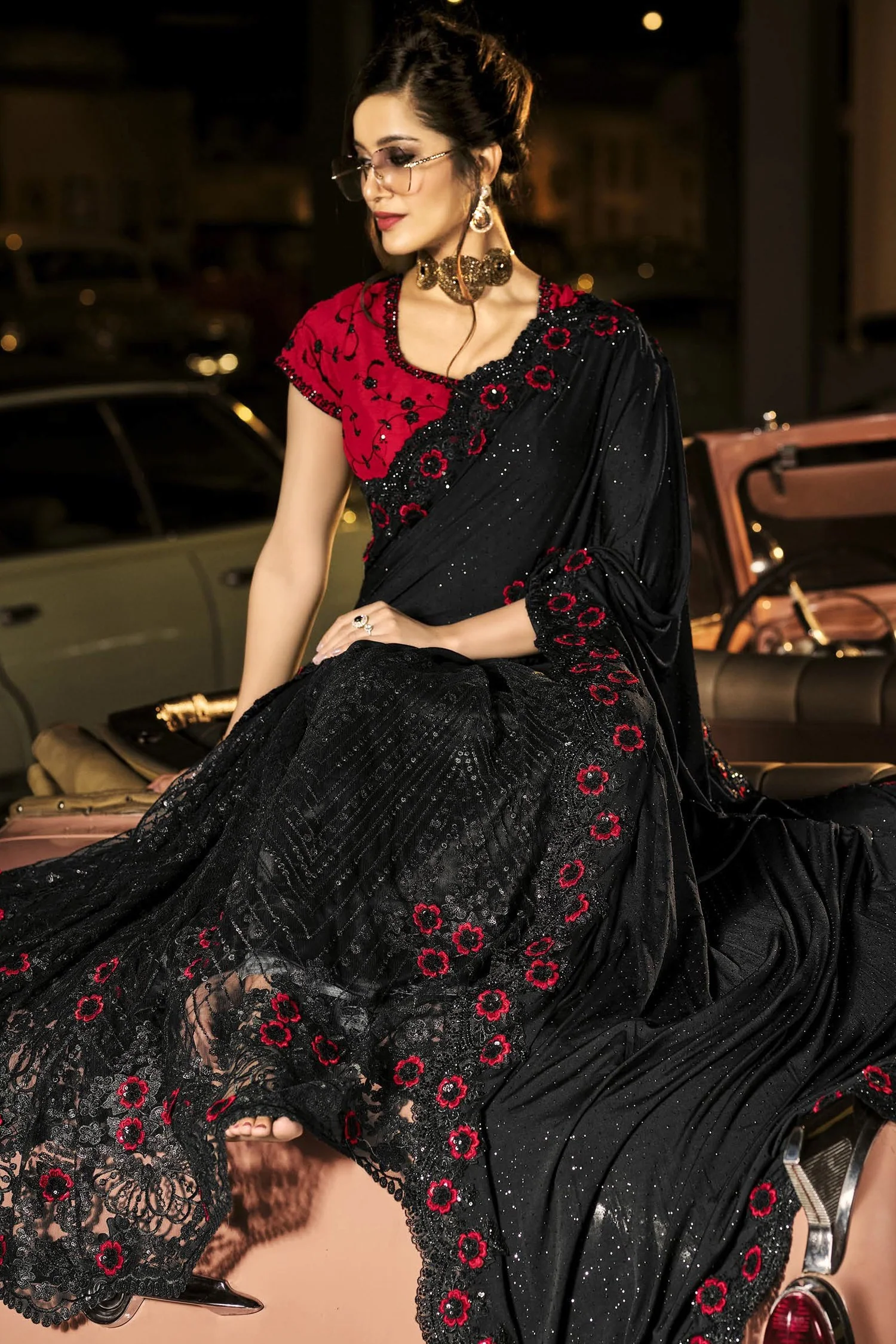 Fancy Attractive Black Luxe Fabric Designer Saree - Image 3
