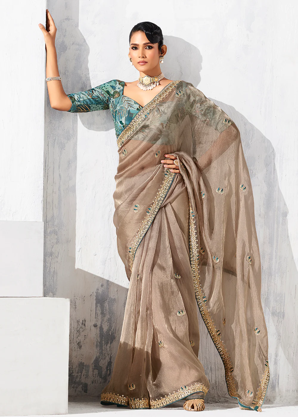 Fancy Beige Organza Tissue Designer Party Wear Saree