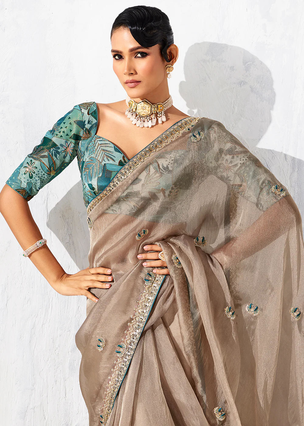 Fancy Beige Organza Tissue Designer Party Wear Saree - Image 2