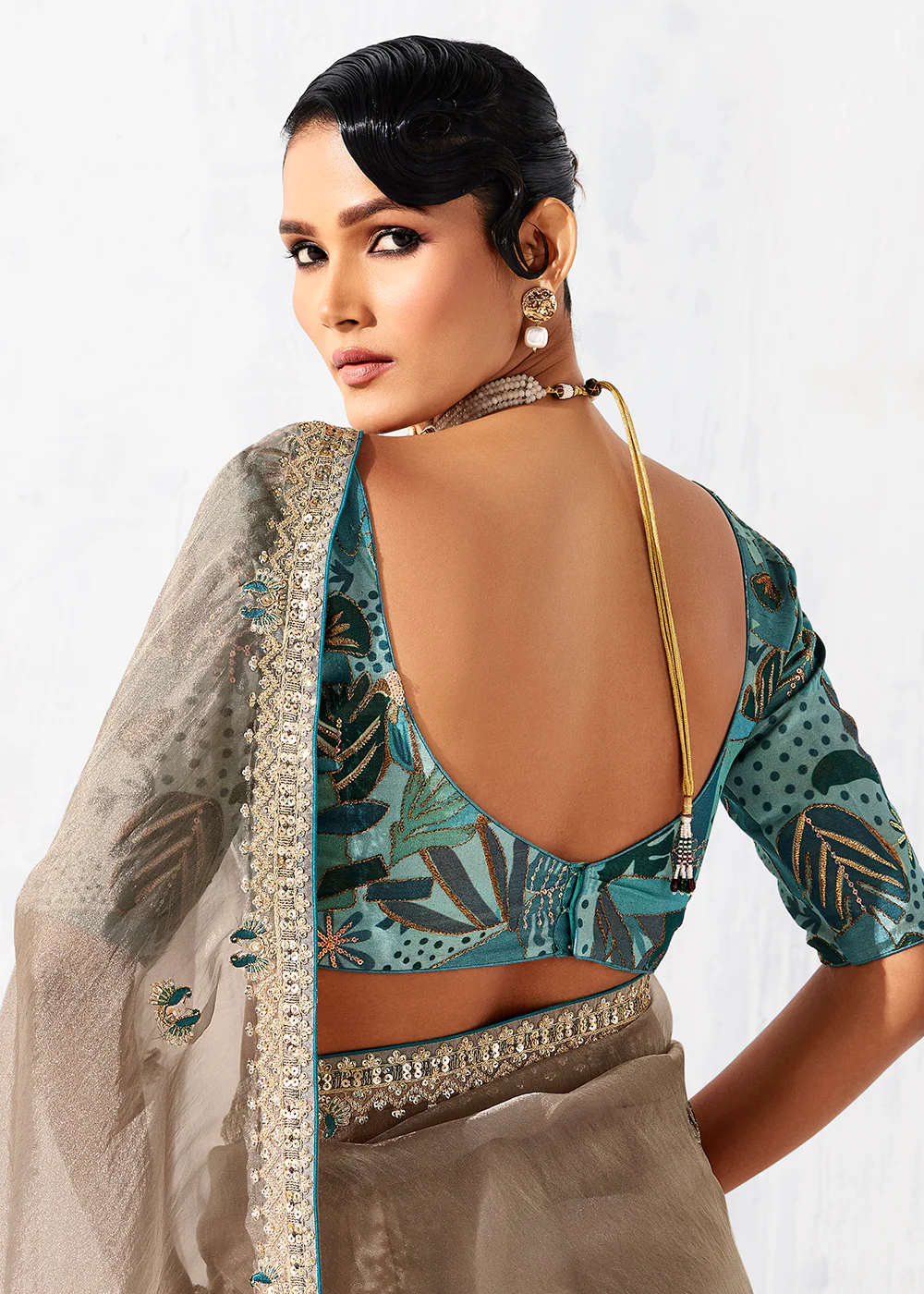 Fancy Beige Organza Tissue Designer Party Wear Saree - Image 3