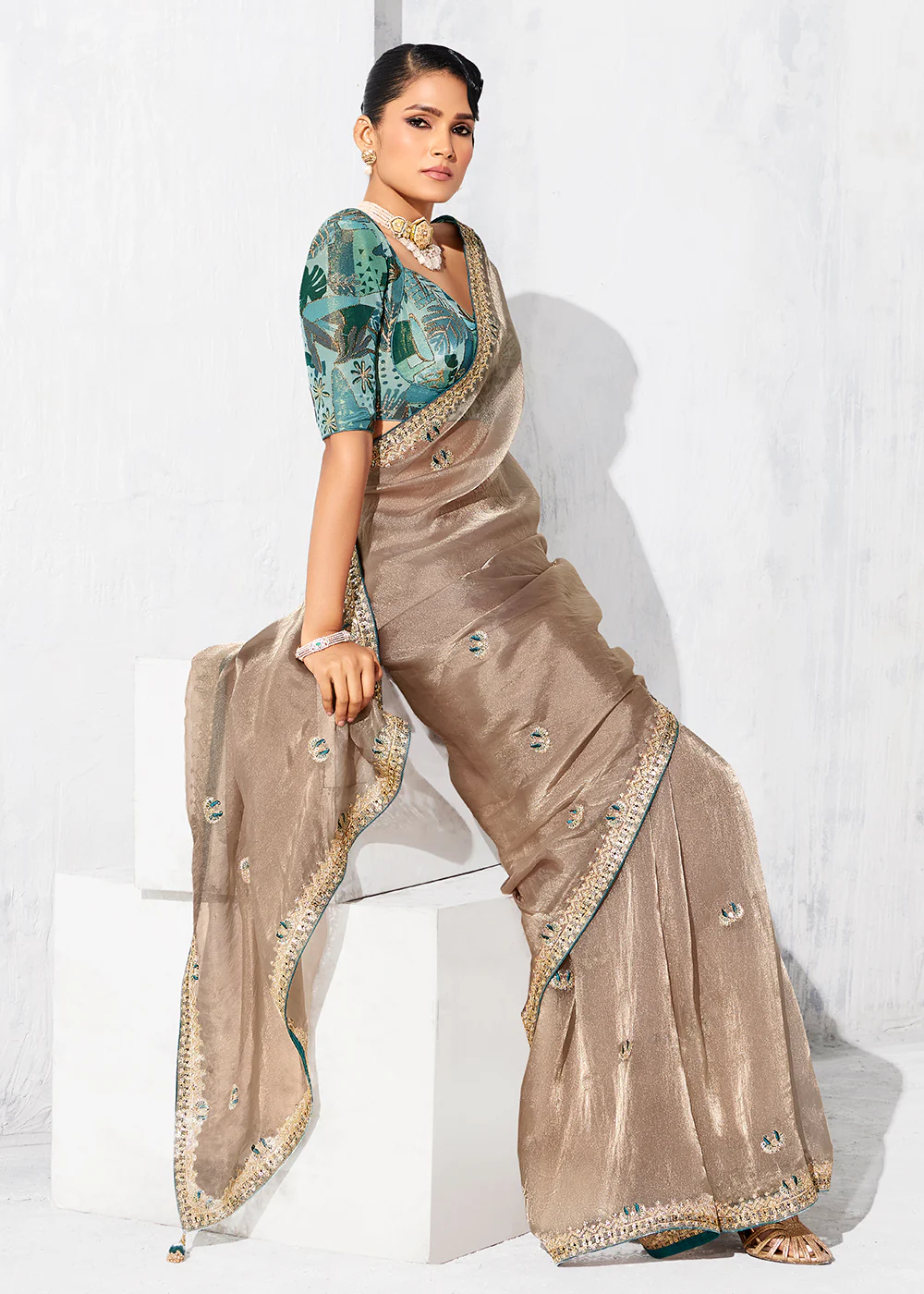 Fancy Beige Organza Tissue Designer Party Wear Saree - Image 4