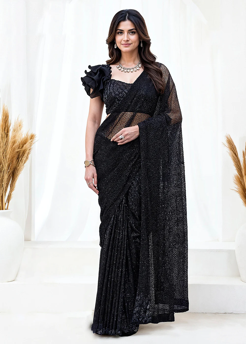 Fancy Black Embroidered Wedding Party Wear Saree