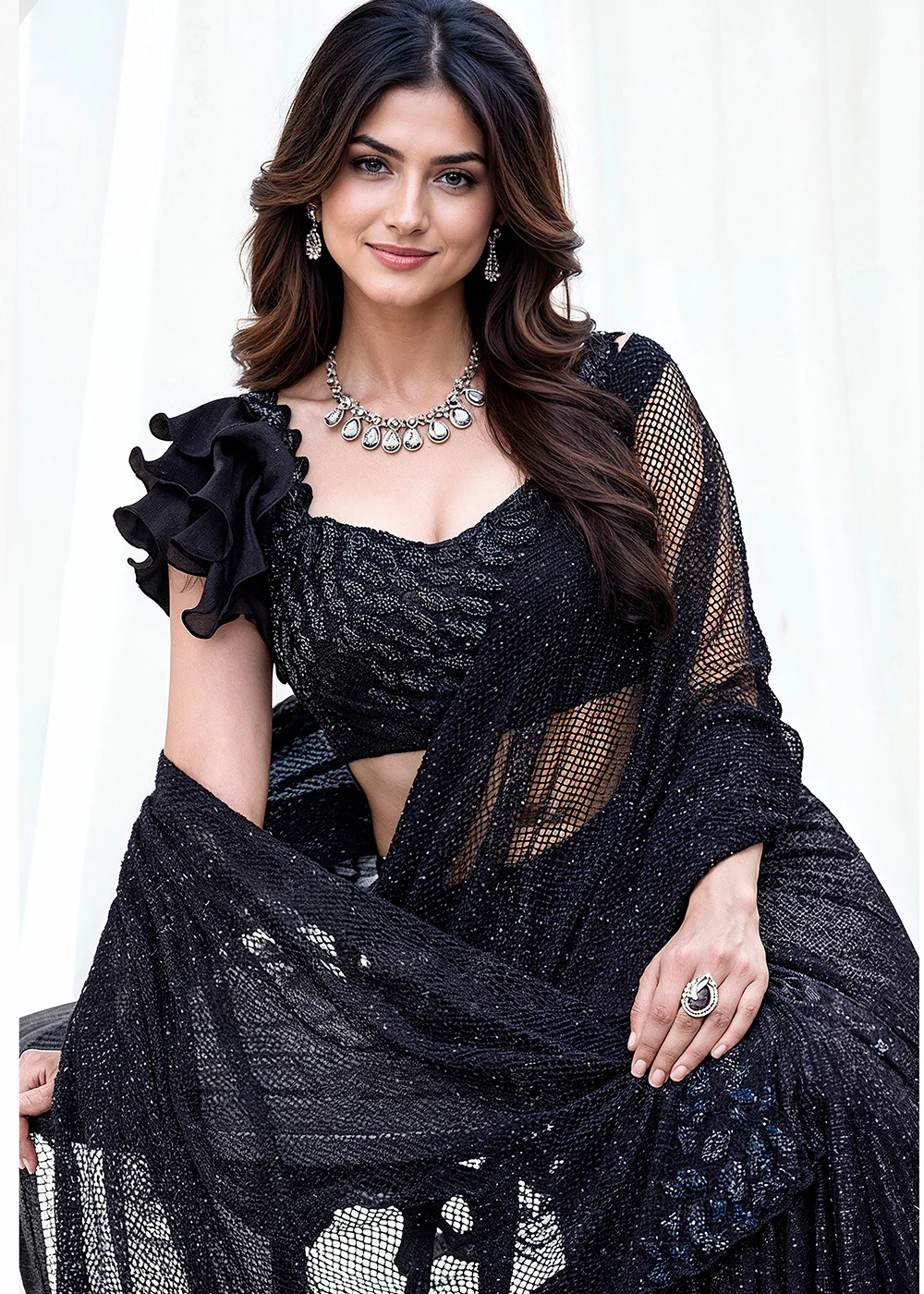 Fancy Black Embroidered Wedding Party Wear Saree - Image 2