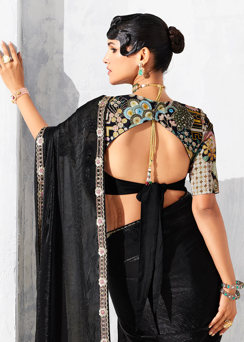 Fancy Black Organza Tissue Designer Party Wear Saree - Image 3