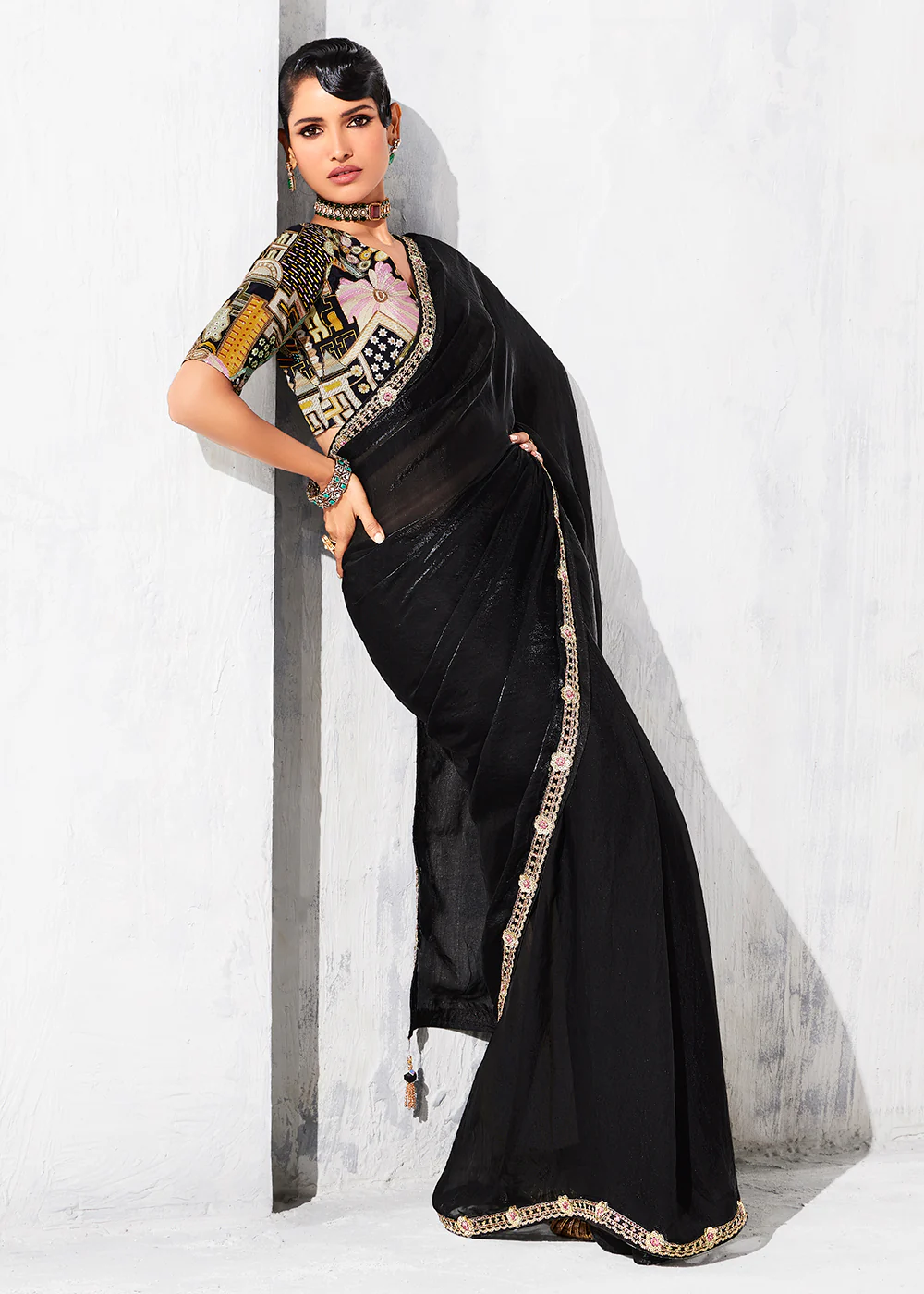 Fancy Black Organza Tissue Designer Party Wear Saree - Image 4