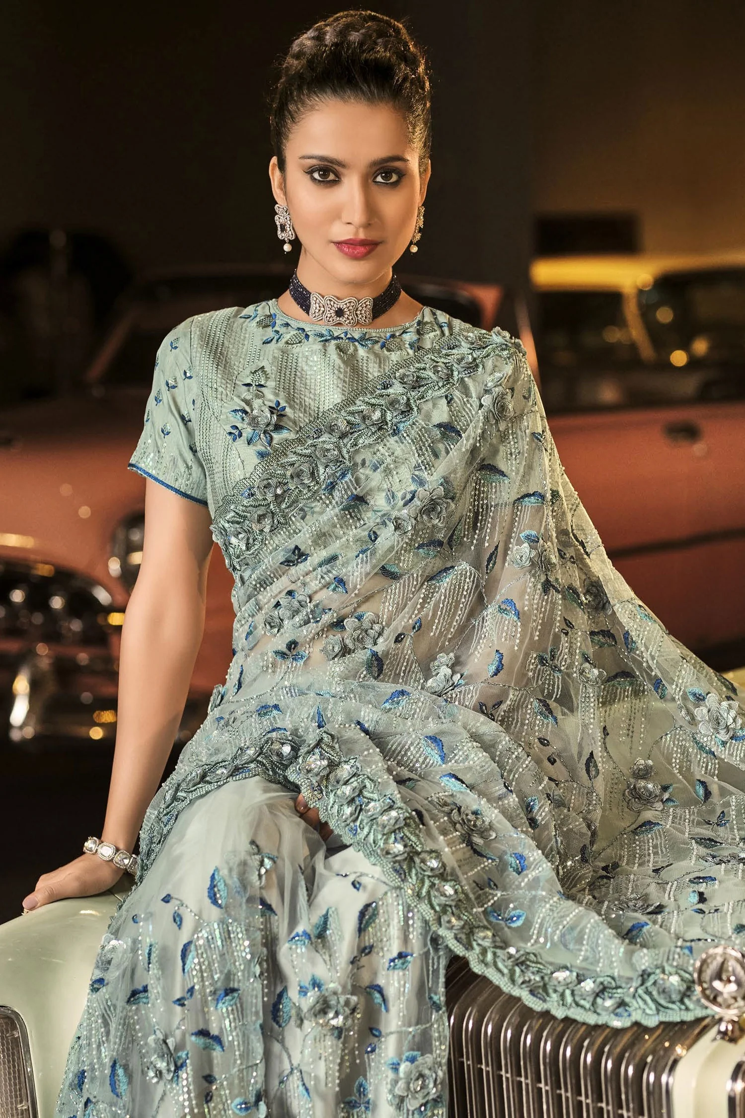 Fancy Bluish Grey Net Designer Saree - Image 2