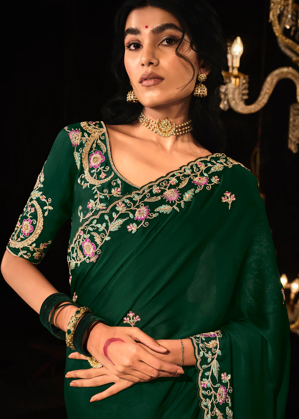 Fancy Bottle Green Embroidered Designer Wedding Wear Saree - Image 2