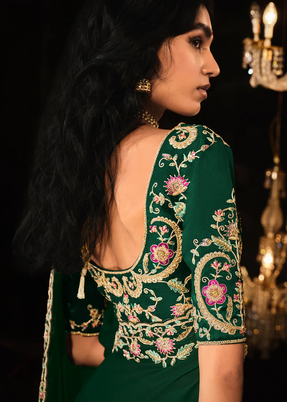 Fancy Bottle Green Embroidered Designer Wedding Wear Saree - Image 3