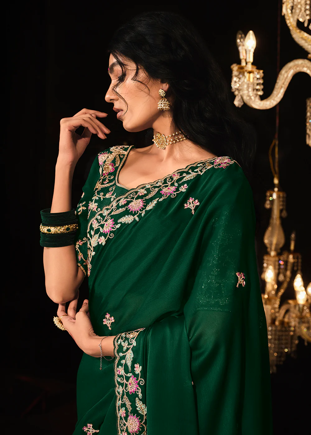 Fancy Bottle Green Embroidered Designer Wedding Wear Saree - Image 4