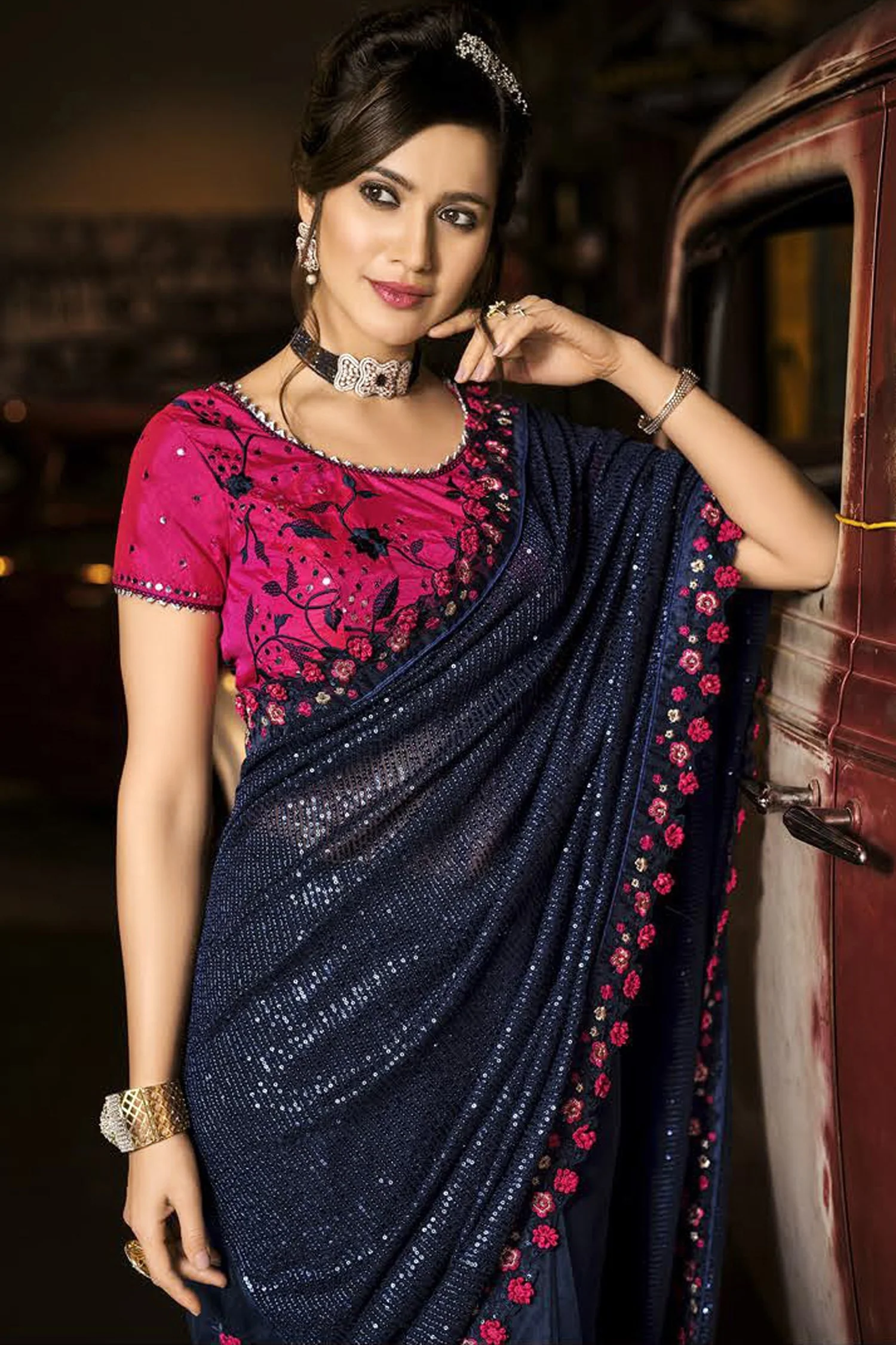 Fancy Charming Blue Luxe Fabric Designer Saree - Image 2
