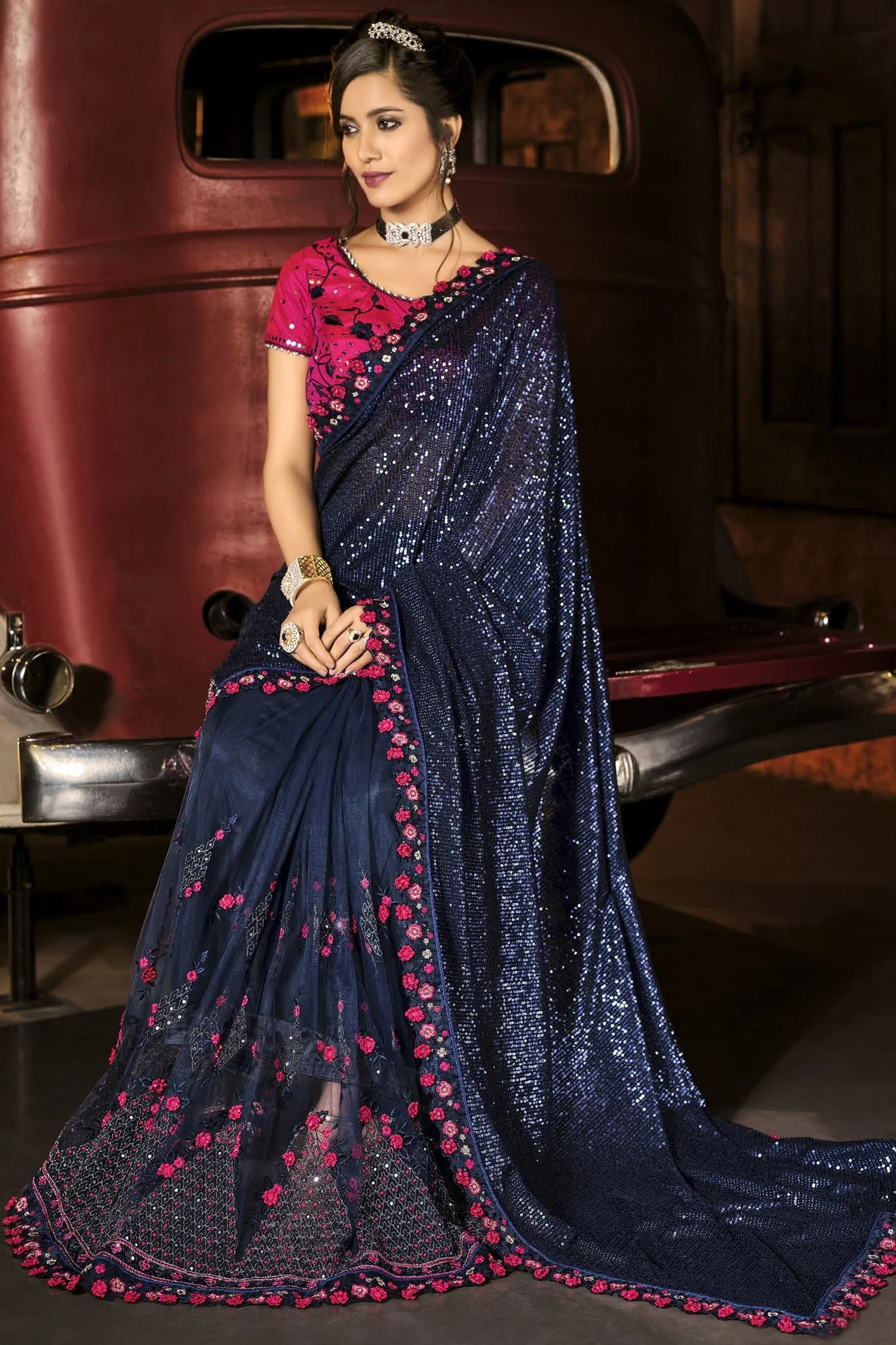 Fancy Charming Blue Luxe Fabric Designer Saree - Image 3