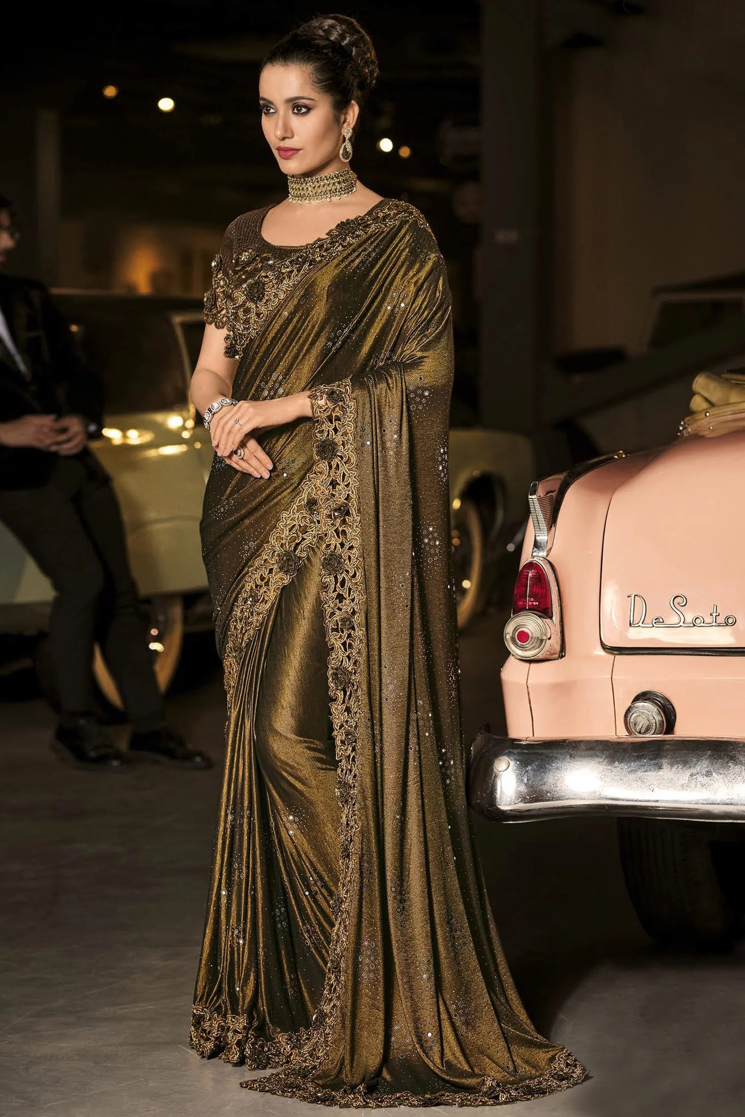 Fancy Choco Brown Luxe Fabric Designer Saree