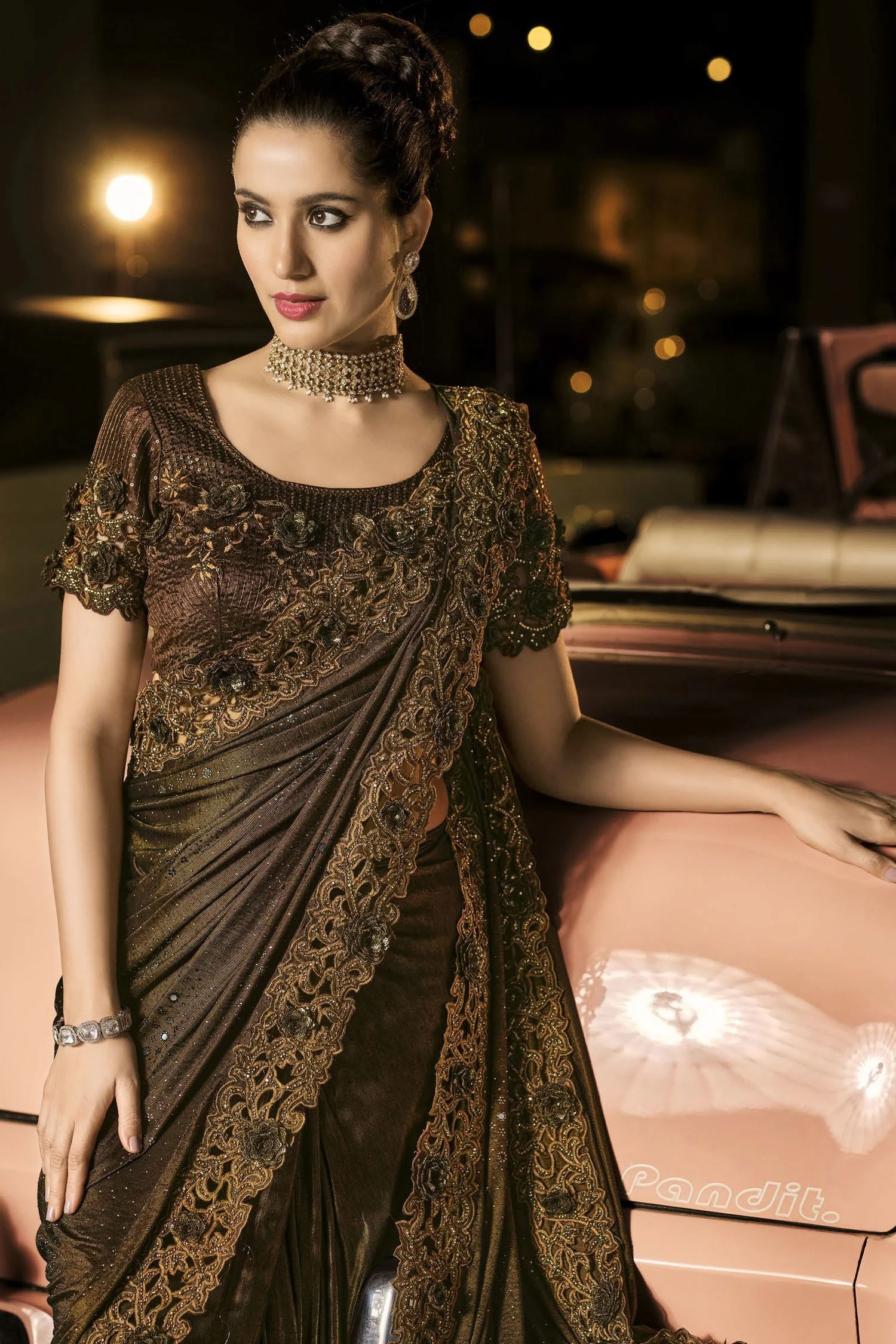 Fancy Choco Brown Luxe Fabric Designer Saree - Image 2