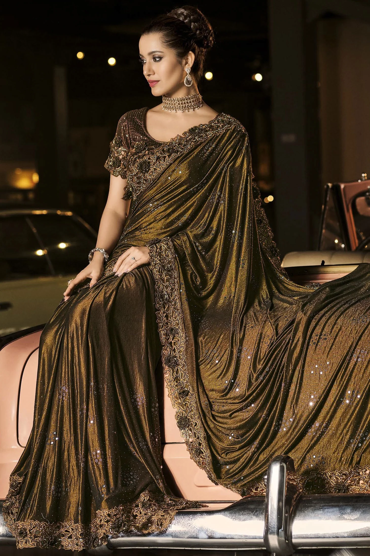 Fancy Choco Brown Luxe Fabric Designer Saree - Image 3
