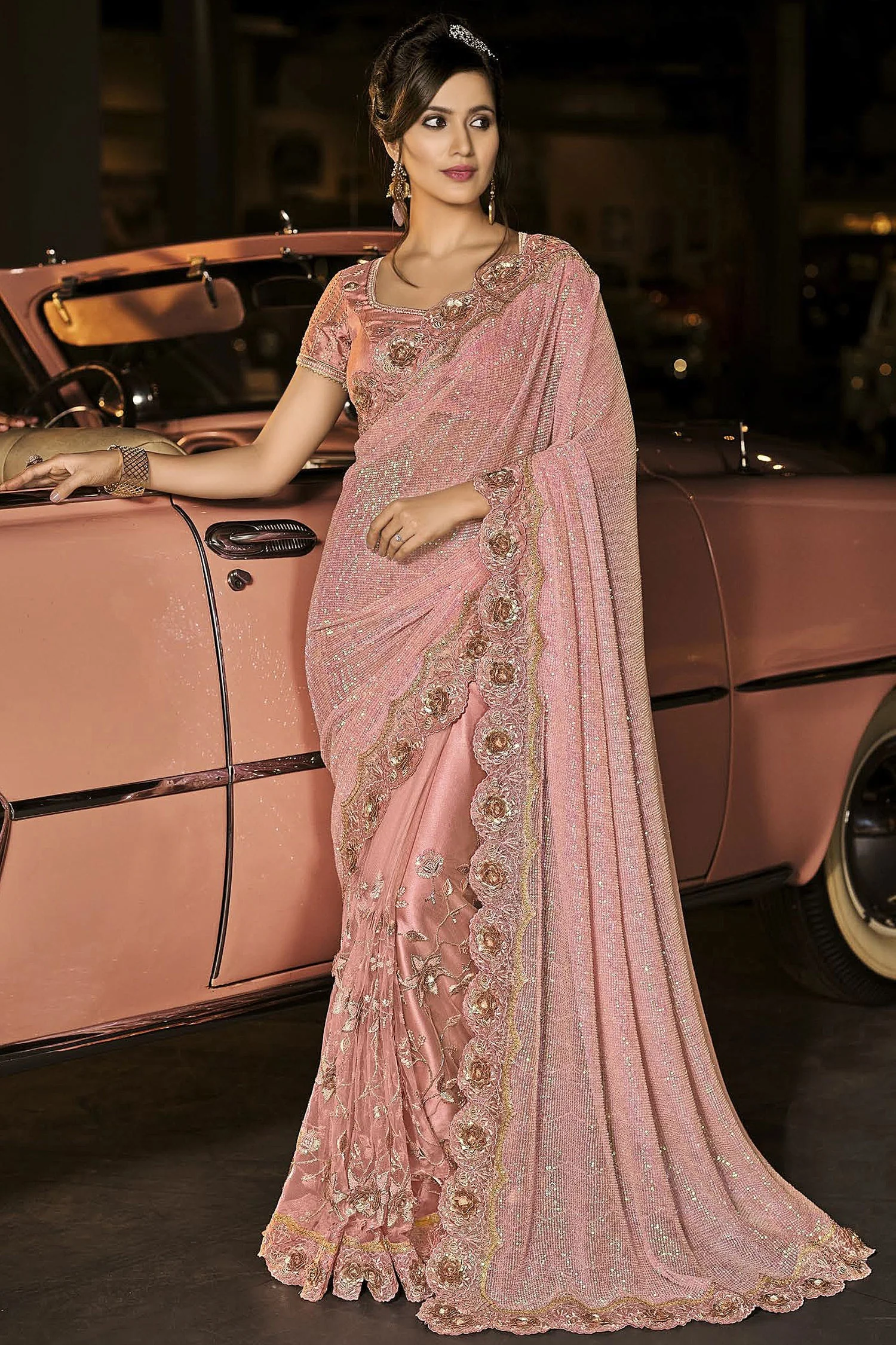 Fancy Coral Peach Net Designer Saree